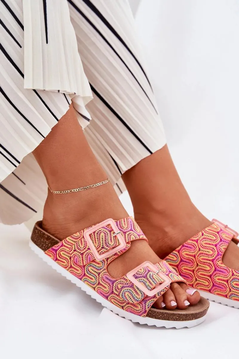 New Klapki Damskie Z Klamrami I Brokatem S.Barski RB51-006 Pomarańczowe Damskie Klapki Korkowe|Klapki Na Platformie