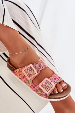 New Klapki Damskie Z Klamrami I Brokatem S.Barski RB51-006 Pomarańczowe Damskie Klapki Korkowe|Klapki Na Platformie