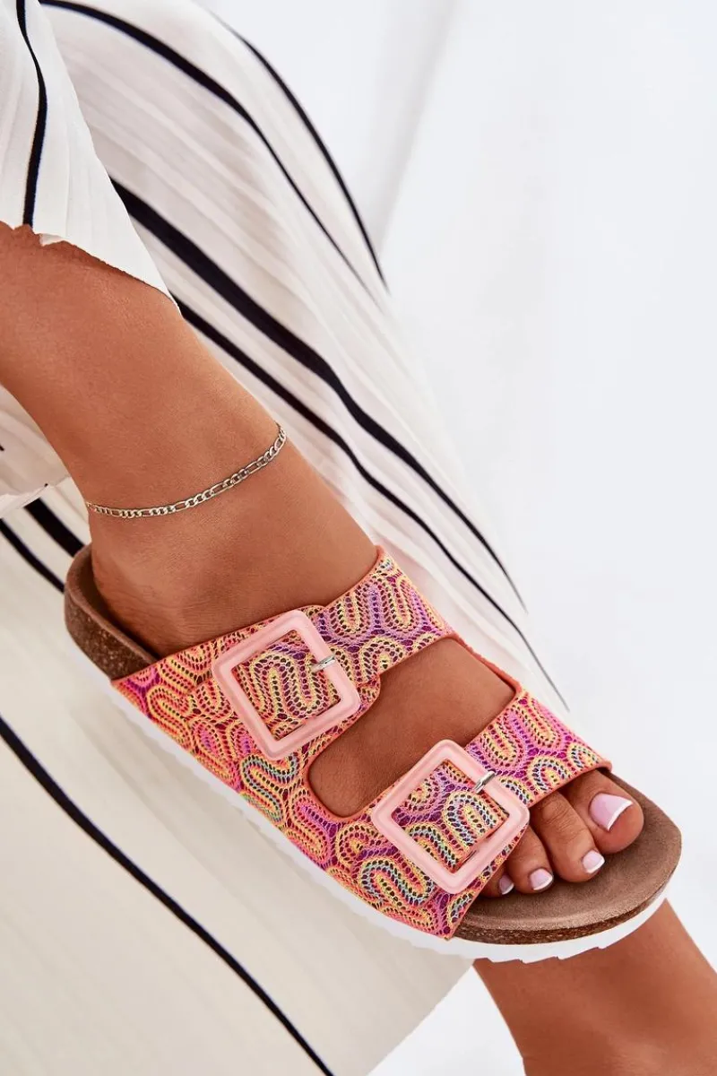 New Klapki Damskie Z Klamrami I Brokatem S.Barski RB51-006 Pomarańczowe Damskie Klapki Korkowe|Klapki Na Platformie