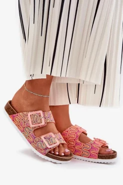 New Klapki Damskie Z Klamrami I Brokatem S.Barski RB51-006 Pomarańczowe Damskie Klapki Korkowe|Klapki Na Platformie