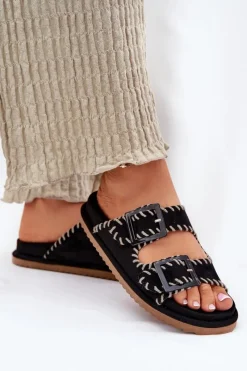 Clearance Boto Klapki Damskie Z Klamrami I Ozdobnym Obszyciem Czarne Visley Czarny