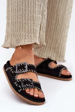 Clearance Boto Klapki Damskie Z Klamrami I Ozdobnym Obszyciem Czarne Visley Czarny