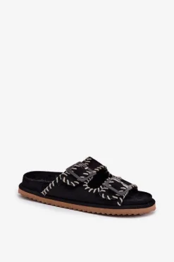 Clearance Boto Klapki Damskie Z Klamrami I Ozdobnym Obszyciem Czarne Visley Czarny