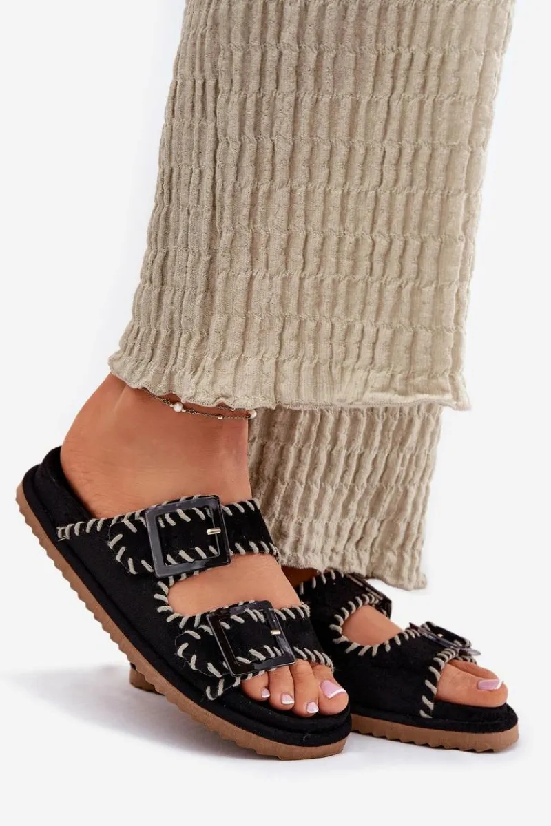 Clearance Boto Klapki Damskie Z Klamrami I Ozdobnym Obszyciem Czarne Visley Czarny