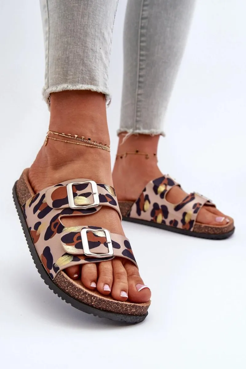 New Boto Klapki Damskie Z Klamrami Beżowo-Brązowe Oliena