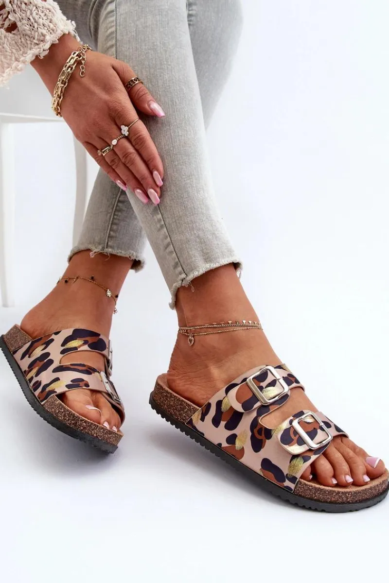 New Boto Klapki Damskie Z Klamrami Beżowo-Brązowe Oliena