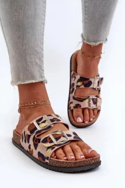 New Boto Klapki Damskie Z Klamrami Beżowo-Brązowe Oliena