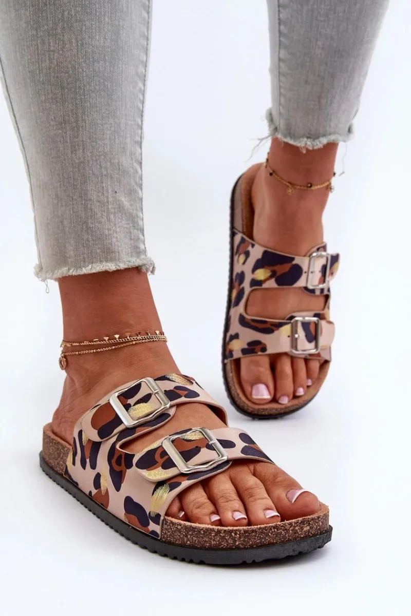 New Boto Klapki Damskie Z Klamrami Beżowo-Brązowe Oliena