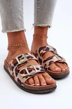 New Boto Klapki Damskie Z Klamrami Beżowo-Brązowe Oliena