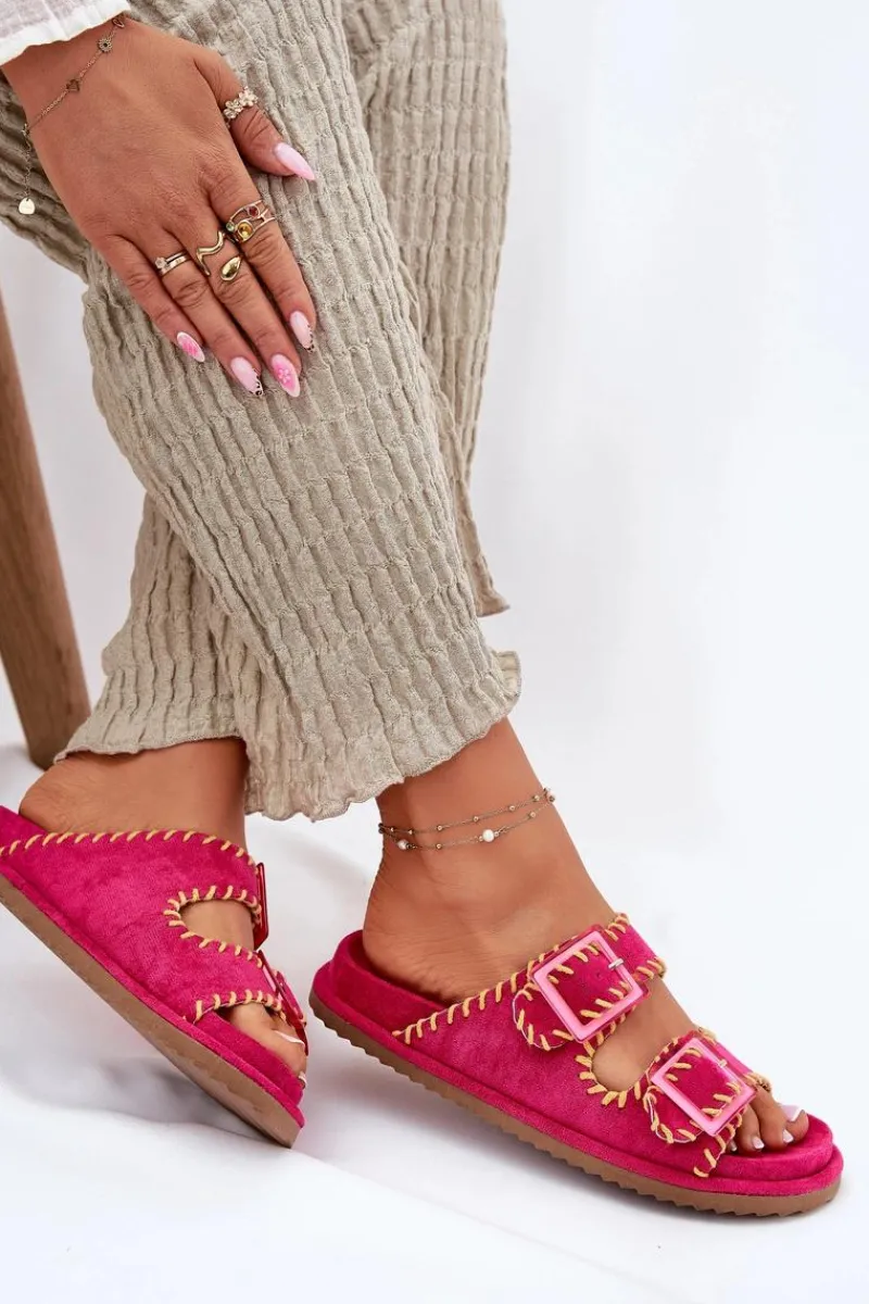 Online Klapki Damskie Z Klamrami I Ozdobnym Obszyciem Fuksja Visley Damskie Klapki Na Platformie|Klapki Damskie Klasyczne