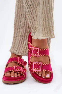 Online Klapki Damskie Z Klamrami I Ozdobnym Obszyciem Fuksja Visley Damskie Klapki Na Platformie|Klapki Damskie Klasyczne