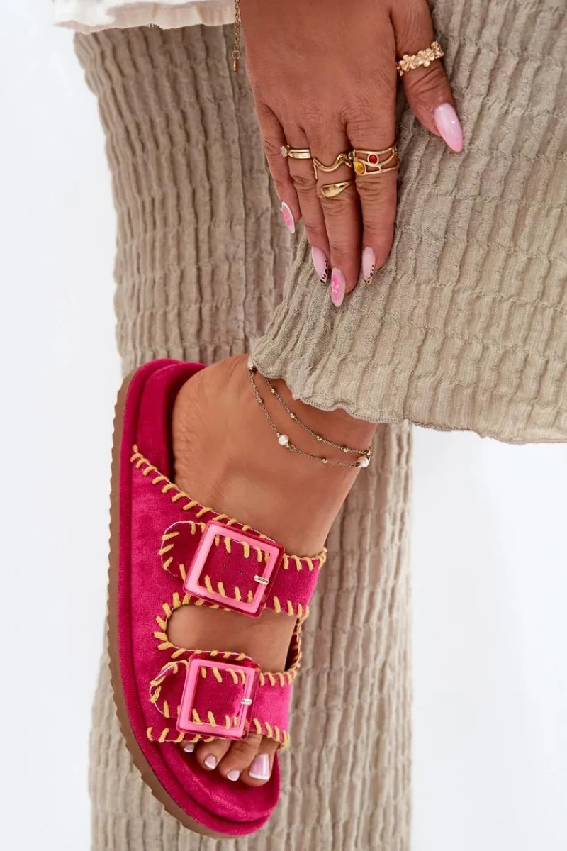 Online Klapki Damskie Z Klamrami I Ozdobnym Obszyciem Fuksja Visley Damskie Klapki Na Platformie|Klapki Damskie Klasyczne