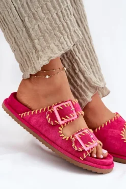 Online Klapki Damskie Z Klamrami I Ozdobnym Obszyciem Fuksja Visley Damskie Klapki Na Platformie|Klapki Damskie Klasyczne