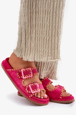 Online Klapki Damskie Z Klamrami I Ozdobnym Obszyciem Fuksja Visley Damskie Klapki Na Platformie|Klapki Damskie Klasyczne