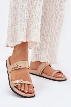 Best Boto Klapki Damskie Z Klamrami Beżowe Brinella Beżowy