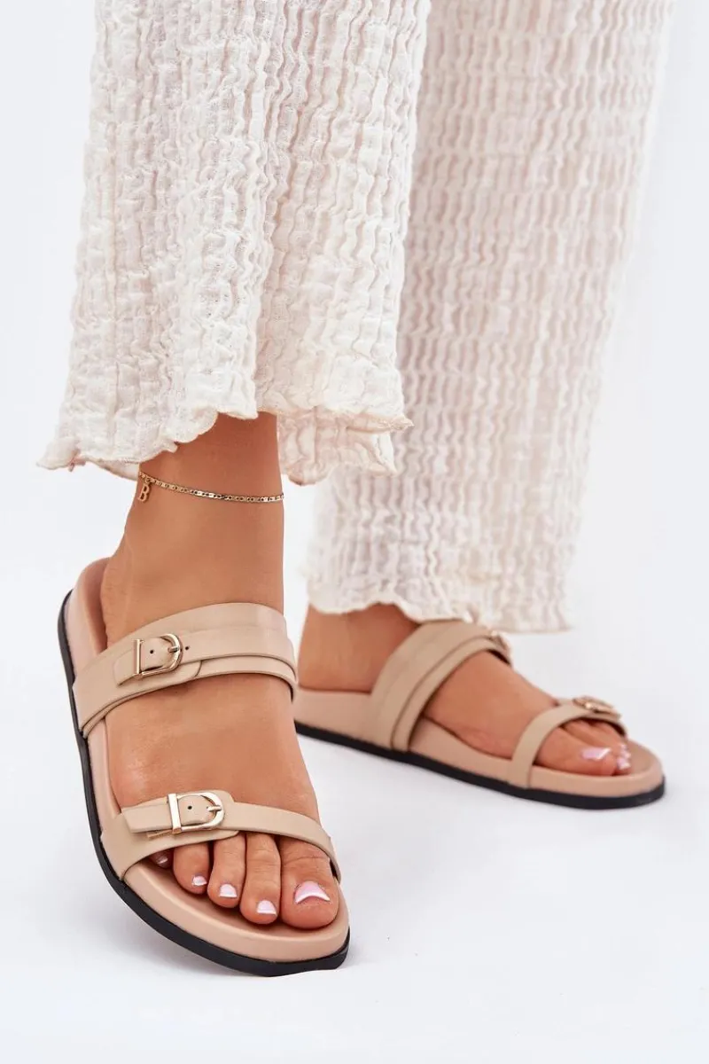 Best Boto Klapki Damskie Z Klamrami Beżowe Brinella Beżowy