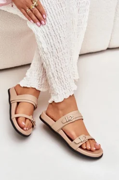 Best Boto Klapki Damskie Z Klamrami Beżowe Brinella Beżowy