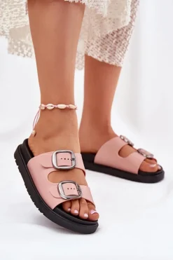 Online Boto Klapki Damskie Z Klamrami Na Platformie Różowe Elamas Różowy