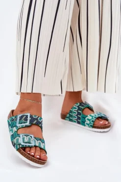 Klapki Korkowe|Klapki Na Platformie>Damskie buty S.Barski Klapki Damskie Z Klamrami I Brokatem S.Barski RB51-006 Zielone Zielony