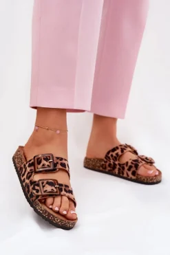 Klapki Korkowe|Klapki Na Platformie>Boto Klapki Damskie Z Klamrami Na Korkowej Podeszwie Panterka Brązowe Sercele