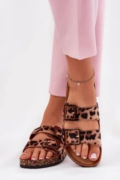 Klapki Korkowe|Klapki Na Platformie>Boto Klapki Damskie Z Klamrami Na Korkowej Podeszwie Panterka Brązowe Sercele