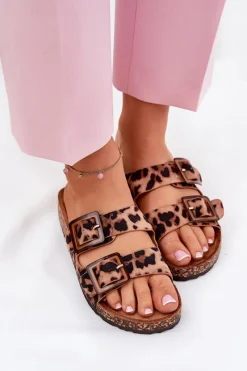 Klapki Korkowe|Klapki Na Platformie></noscript>Boto Klapki Damskie Z Klamrami Na Korkowej Podeszwie Panterka Brązowe Sercele