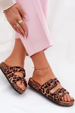 Klapki Korkowe|Klapki Na Platformie></noscript>Boto Klapki Damskie Z Klamrami Na Korkowej Podeszwie Panterka Brązowe Sercele