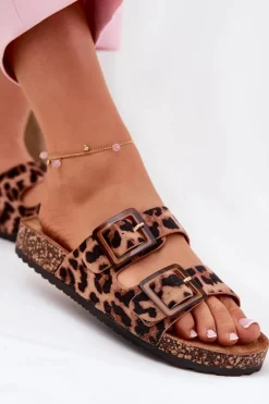 Klapki Korkowe|Klapki Na Platformie></noscript>Boto Klapki Damskie Z Klamrami Na Korkowej Podeszwie Panterka Brązowe Sercele