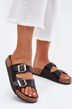 Best Klapki Damskie Z Klamrami Z Eko Skóry Czarne Iskira Damskie Klapki Korkowe|Klapki Na Platformie