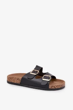 Best Klapki Damskie Z Klamrami Z Eko Skóry Czarne Iskira Damskie Klapki Korkowe|Klapki Na Platformie