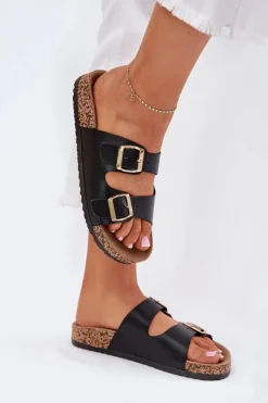 Best Klapki Damskie Z Klamrami Z Eko Skóry Czarne Iskira Damskie Klapki Korkowe|Klapki Na Platformie