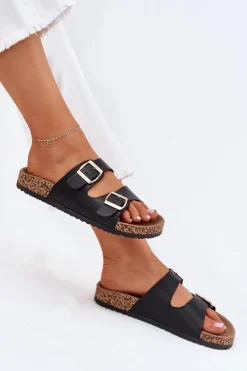 Best Klapki Damskie Z Klamrami Z Eko Skóry Czarne Iskira Damskie Klapki Korkowe|Klapki Na Platformie