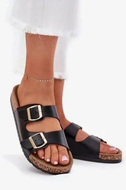 Best Klapki Damskie Z Klamrami Z Eko Skóry Czarne Iskira Damskie Klapki Korkowe|Klapki Na Platformie