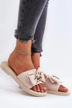 Klapki Damskie Klasyczne>Boto Klapki Damskie Z Kokardą Beżowe Arsicada