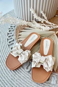 Outlet Klapki Damskie Z Kokardą Beżowe Rivarina Damskie Klapki Damskie Klasyczne