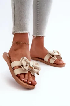 Outlet Klapki Damskie Z Kokardą Beżowe Rivarina Damskie Klapki Damskie Klasyczne