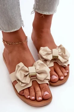 Outlet Klapki Damskie Z Kokardą Beżowe Rivarina Damskie Klapki Damskie Klasyczne