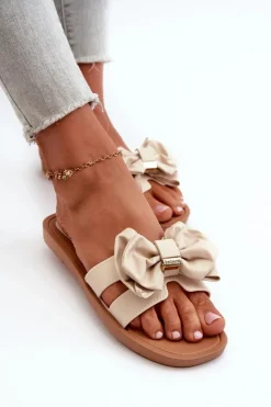 Outlet Klapki Damskie Z Kokardą Beżowe Rivarina Damskie Klapki Damskie Klasyczne