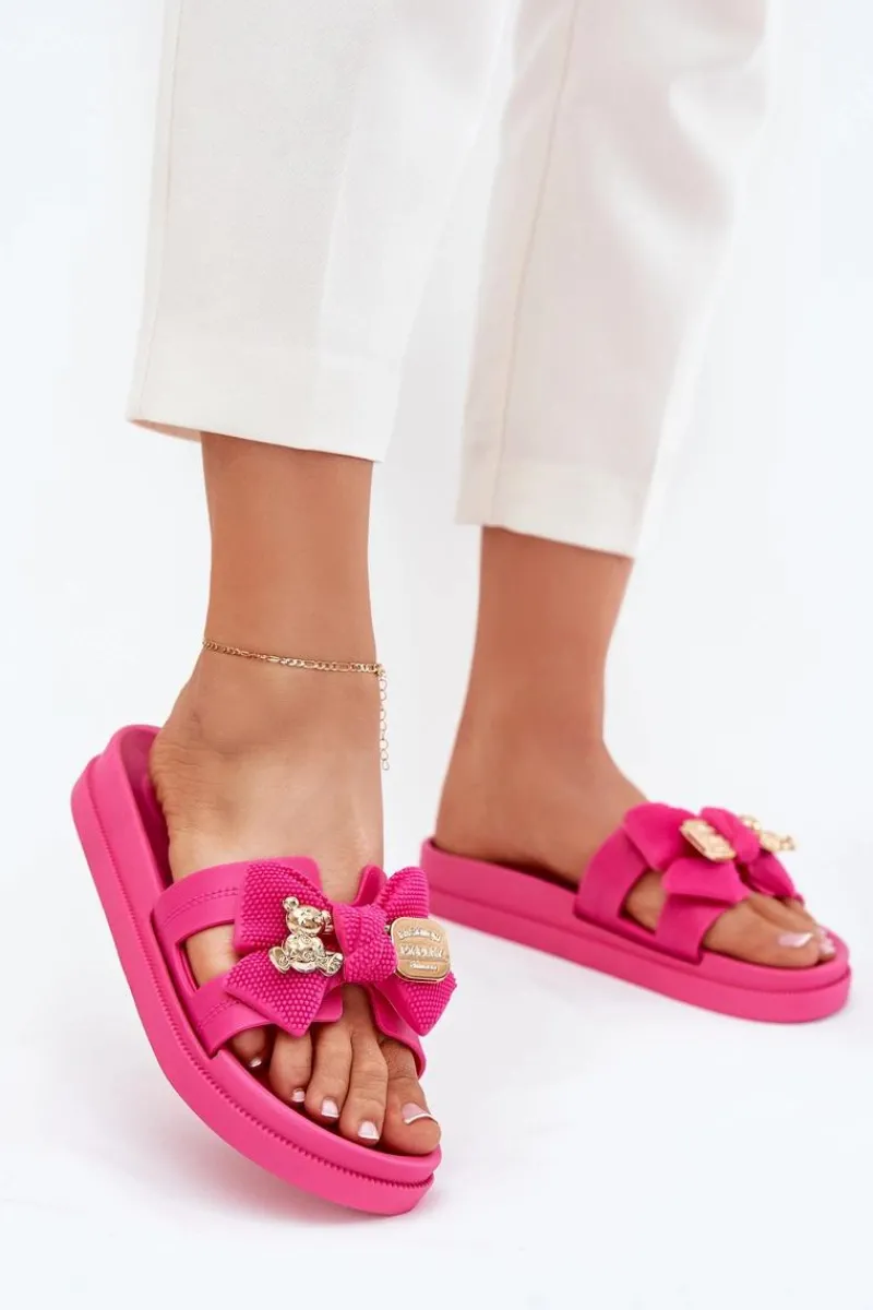 New Boto Klapki Damskie Z Kokardą I Złotą Broszką Fuksja Lynara