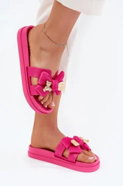 New Boto Klapki Damskie Z Kokardą I Złotą Broszką Fuksja Lynara