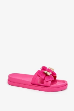 New Boto Klapki Damskie Z Kokardą I Złotą Broszką Fuksja Lynara