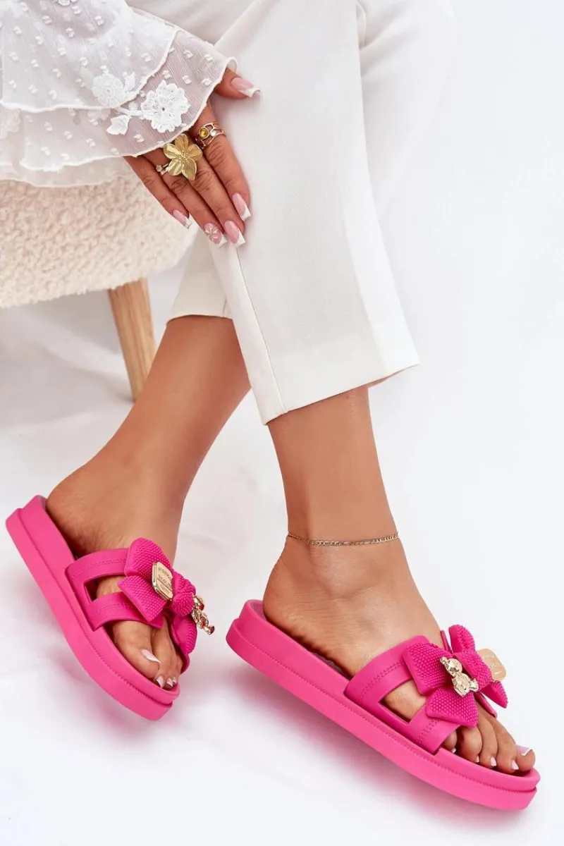 New Boto Klapki Damskie Z Kokardą I Złotą Broszką Fuksja Lynara