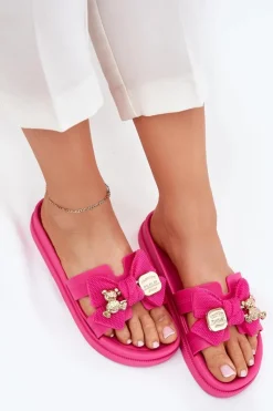 New Boto Klapki Damskie Z Kokardą I Złotą Broszką Fuksja Lynara