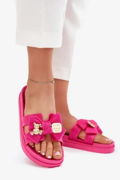 New Boto Klapki Damskie Z Kokardą I Złotą Broszką Fuksja Lynara