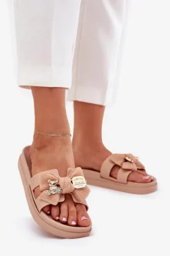 Sale Klapki Damskie Z Kokardą I Złotą Broszką Beżowe Lynara Damskie Klapki Na Platformie|Klapki Damskie Klasyczne