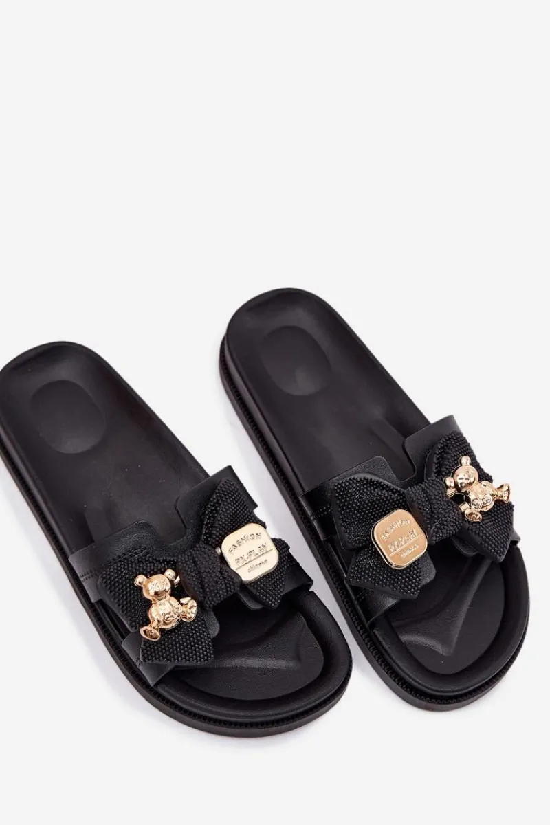 Boto Klapki Damskie Z Kokardą I Złotą Broszką Czarne Lynara Czarny