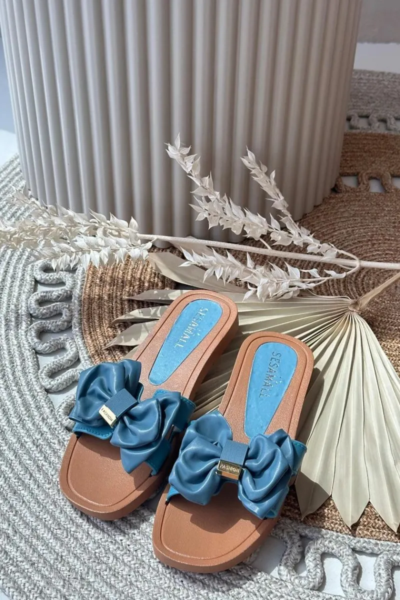 Best Boto Klapki Damskie Z Kokardą Niebieskie Rivarina