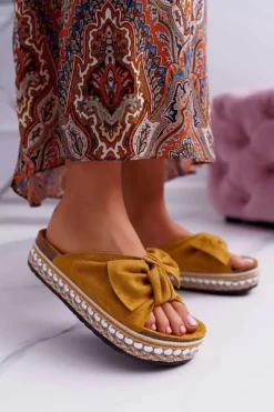 Klapki Damskie Klasyczne>Boto Klapki Damskie Z Kokardami Gruba Podeszwa Żółte Milady