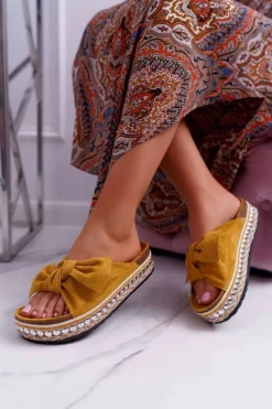 Klapki Damskie Klasyczne>Boto Klapki Damskie Z Kokardami Gruba Podeszwa Żółte Milady