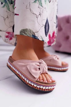 Klapki Damskie Klasyczne>Boto Klapki Damskie Z Kokardami Gruba Podeszwa Różowe Milady